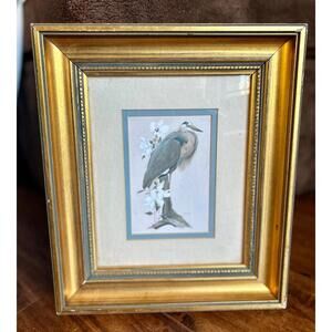 Framed Heron Bird Art Print with Gold Frame Wire for Mounting Owen Gallery